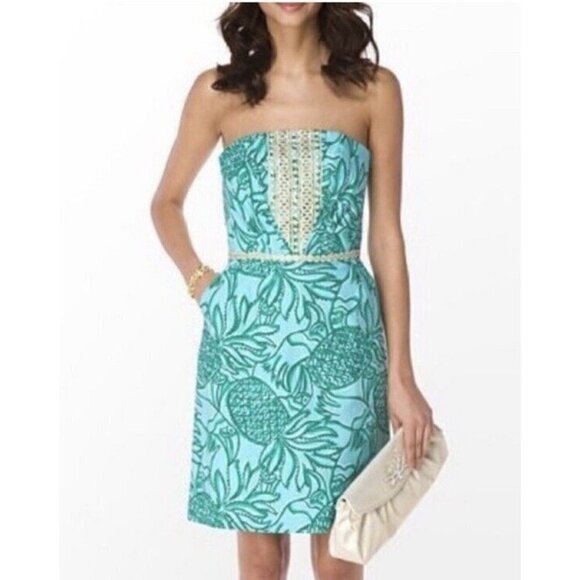 Lilly Pulitzer Shorely Blue Toucan Tango Print Bloomy Dress Sz 2 Strapless Rare - Picture 1 of 10